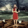 brainstorming, knowledge, power, storm, book, girl, red, sea, ocean, clouds, typhoon, wave, stone, lightouse, dark sky, darkness, horror, edited, conceptual, photo retouch, dark art, color experimetal photography
