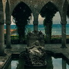 garden, Vulture, arch, pool, fountain, sculpture, throne, woman, stone, architecture, dreams, winter, palace, queen, Balchik, Bulgaria, snow, sea, clouds, stone, dark sky, darkness, horror, edited, conceptual, photo retouch, dark art, color experimetal photography